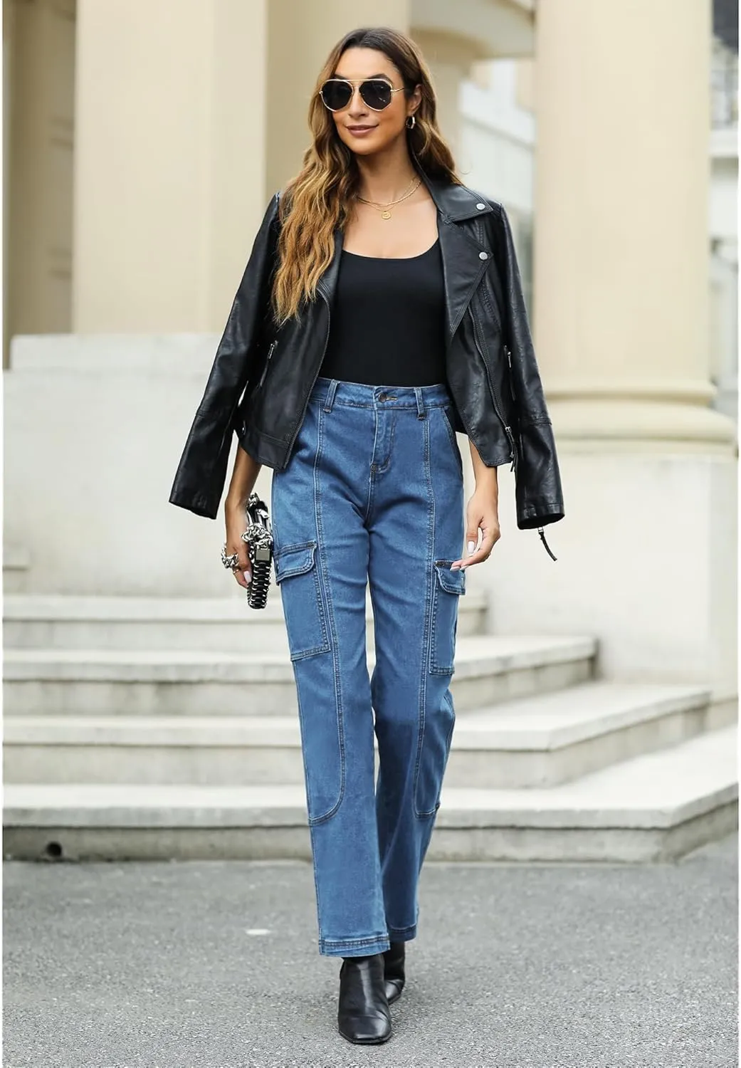 GRAPENT Womens Cargo Pants Casual High Waisted Baggy Stretch Straight Leg Trousers Western Outfit Y2K Pants with Pockets