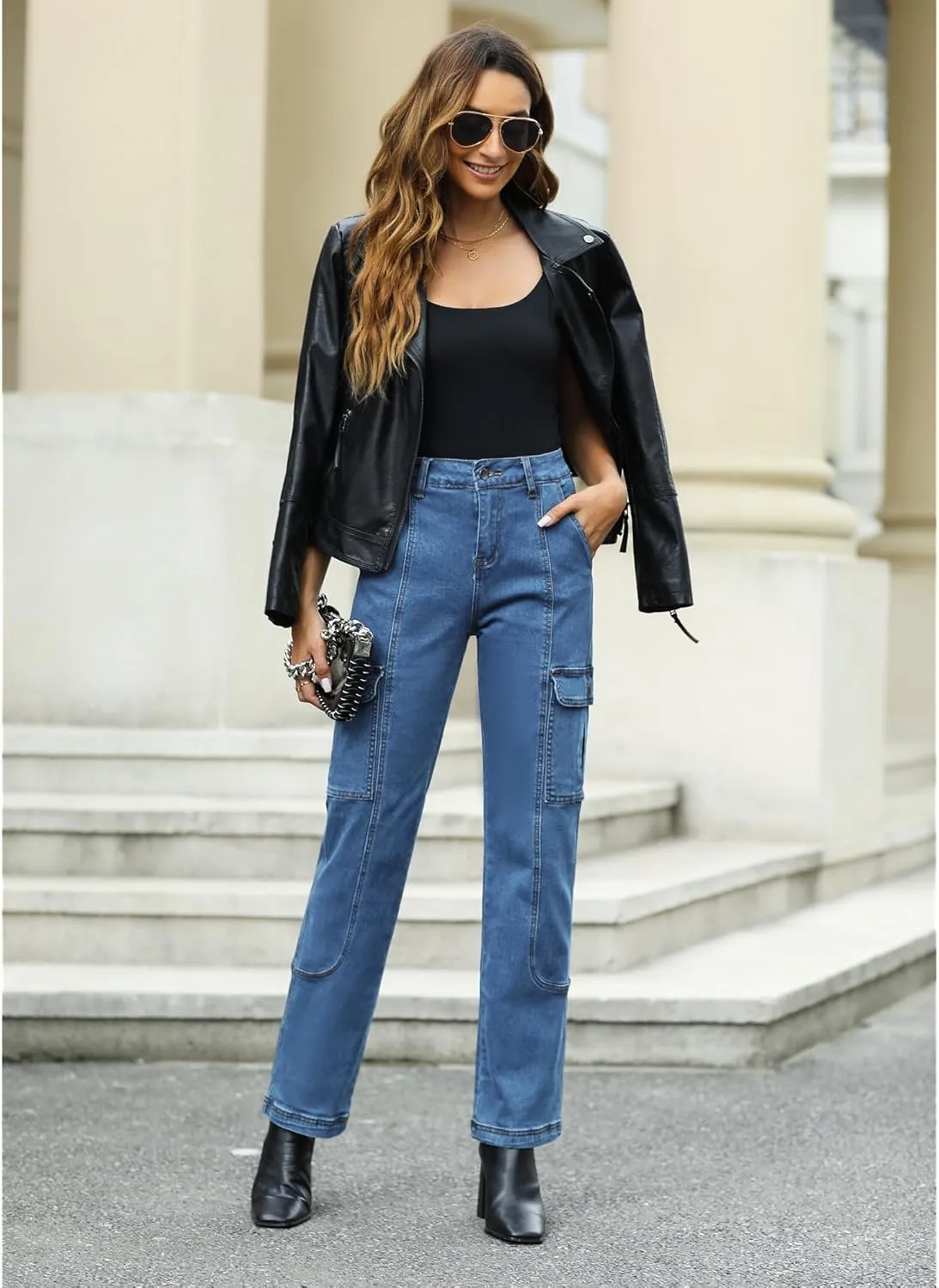 GRAPENT Womens Cargo Pants Casual High Waisted Baggy Stretch Straight Leg Trousers Western Outfit Y2K Pants with Pockets