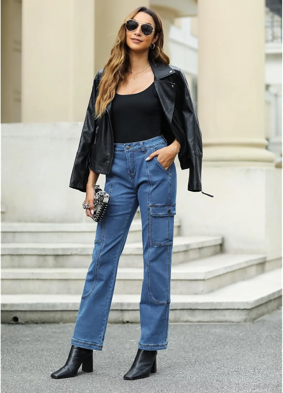 GRAPENT Womens Cargo Pants Casual High Waisted Baggy Stretch Straight Leg Trousers Western Outfit Y2K Pants with Pockets