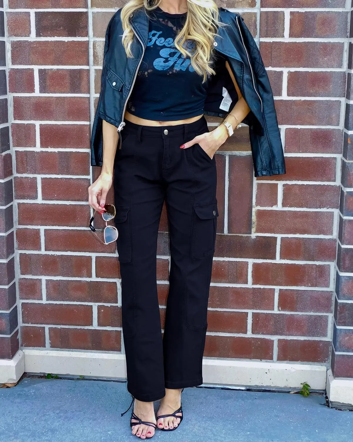 GRAPENT Womens Cargo Pants Casual High Waisted Baggy Stretch Straight Leg Trousers Western Outfit Y2K Pants with Pockets