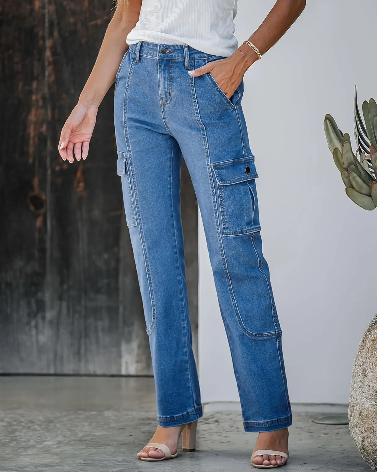 GRAPENT Womens Cargo Pants Casual High Waisted Baggy Stretch Straight Leg Trousers Western Outfit Y2K Pants with Pockets