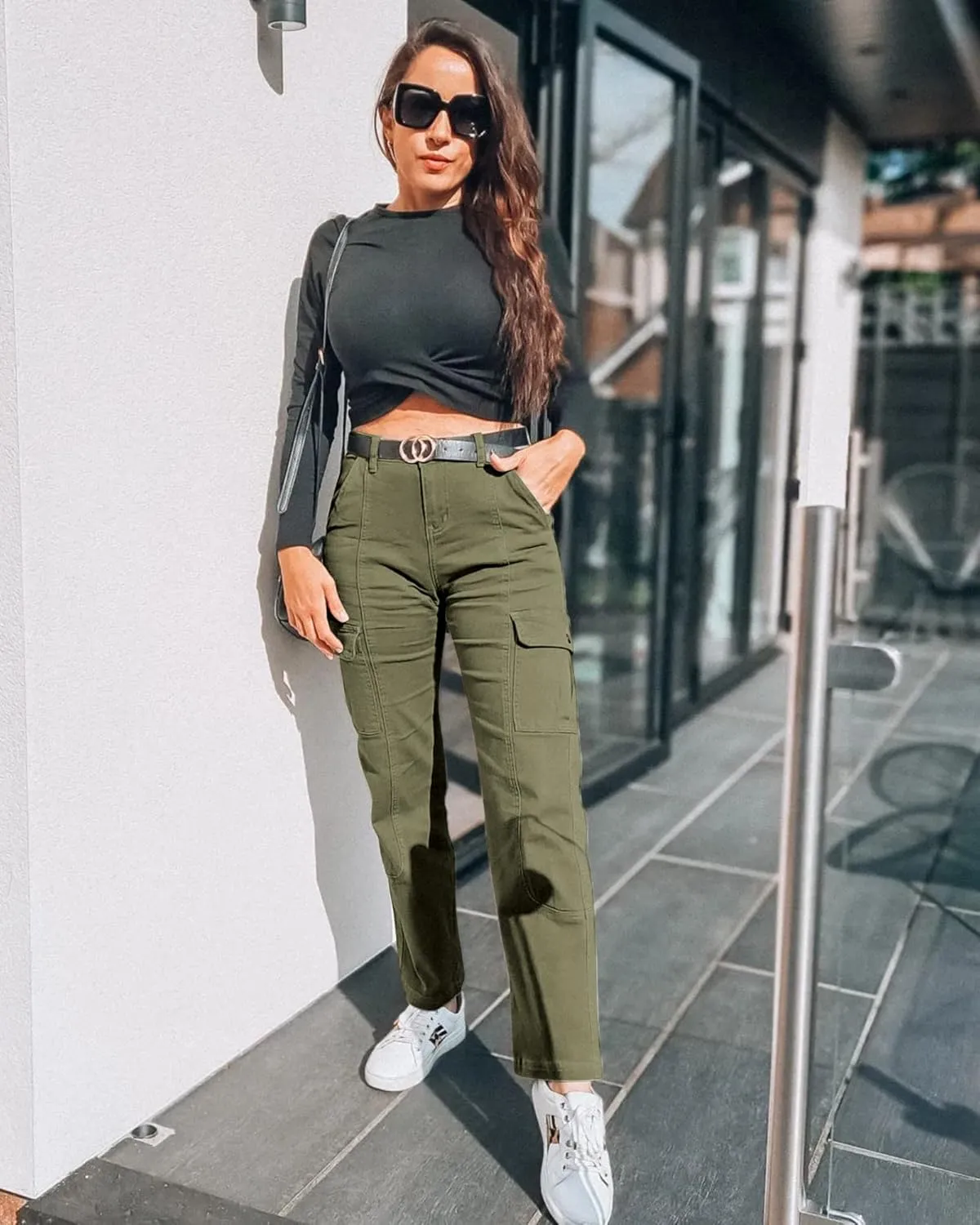 GRAPENT Womens Cargo Pants Casual High Waisted Baggy Stretch Straight Leg Trousers Western Outfit Y2K Pants with Pockets
