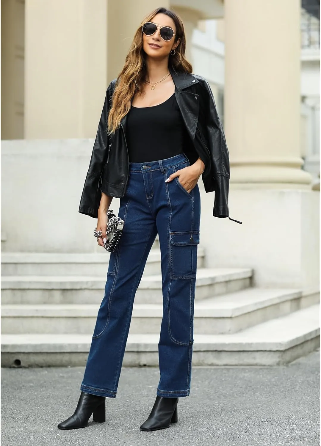 GRAPENT Womens Cargo Pants Casual High Waisted Baggy Stretch Straight Leg Trousers Western Outfit Y2K Pants with Pockets