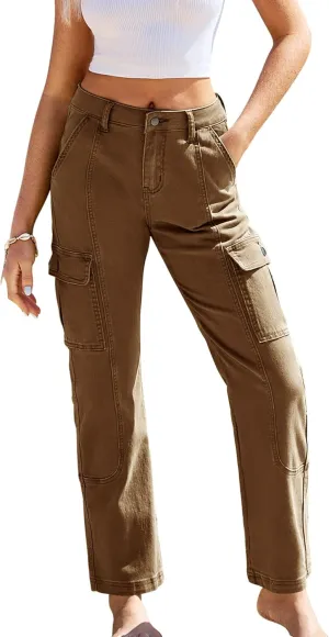 GRAPENT Womens Cargo Pants Casual High Waisted Baggy Stretch Straight Leg Trousers Western Outfit Y2K Pants with Pockets