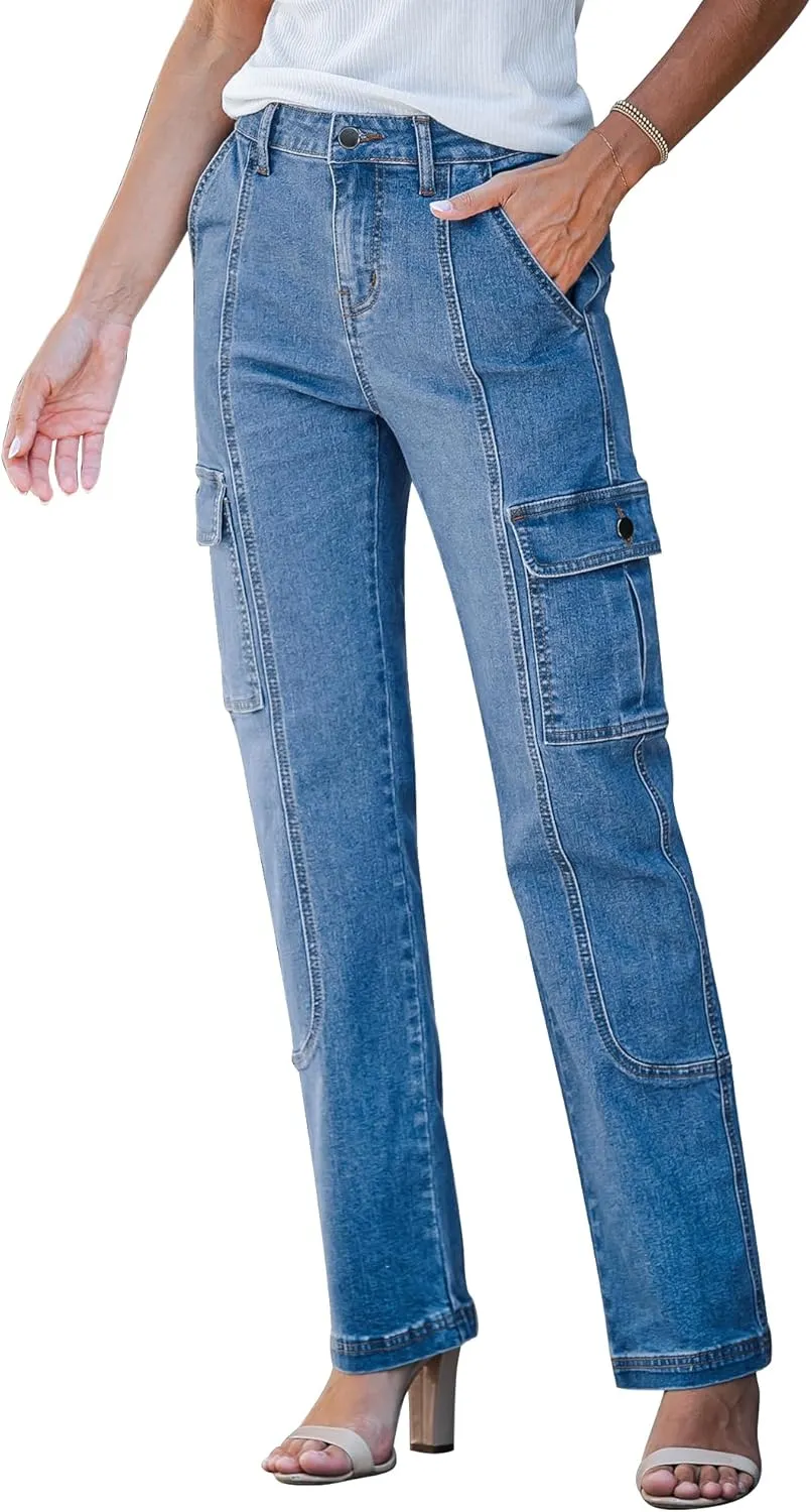 GRAPENT Womens Cargo Pants Casual High Waisted Baggy Stretch Straight Leg Trousers Western Outfit Y2K Pants with Pockets