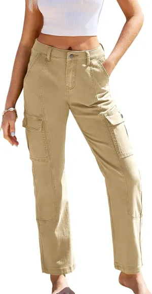 GRAPENT Womens Cargo Pants Casual High Waisted Baggy Stretch Straight Leg Trousers Western Outfit Y2K Pants with Pockets