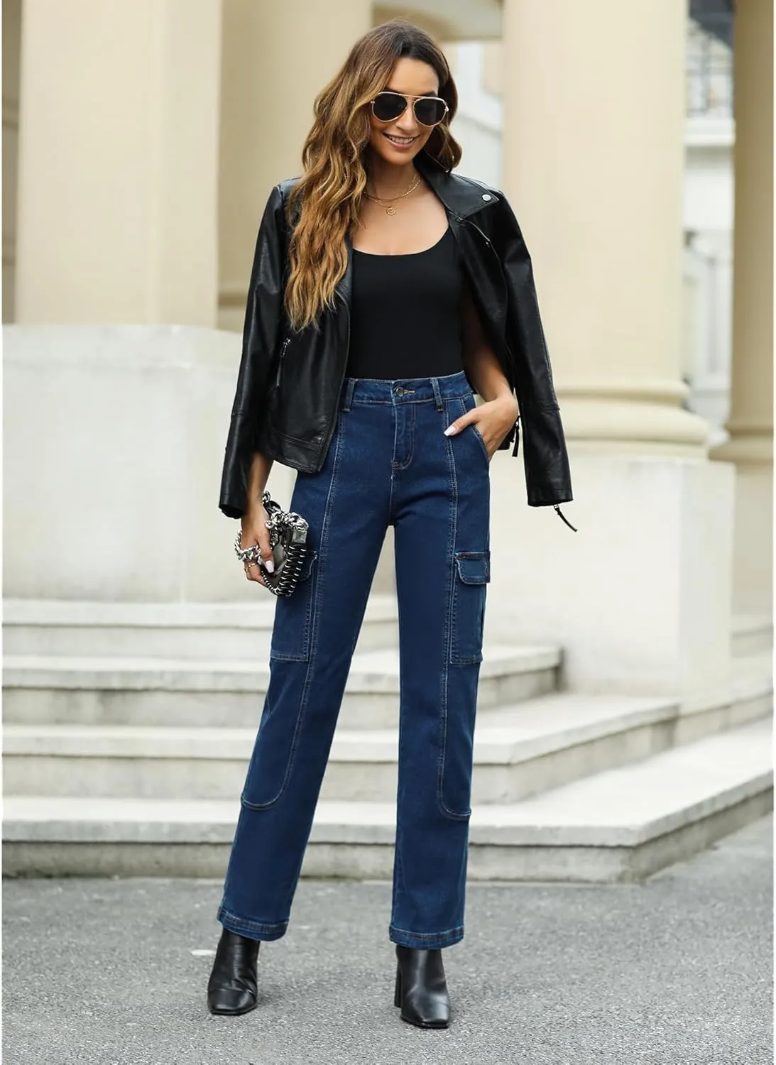 GRAPENT Womens Cargo Pants Casual High Waisted Baggy Stretch Straight Leg Trousers Western Outfit Y2K Pants with Pockets