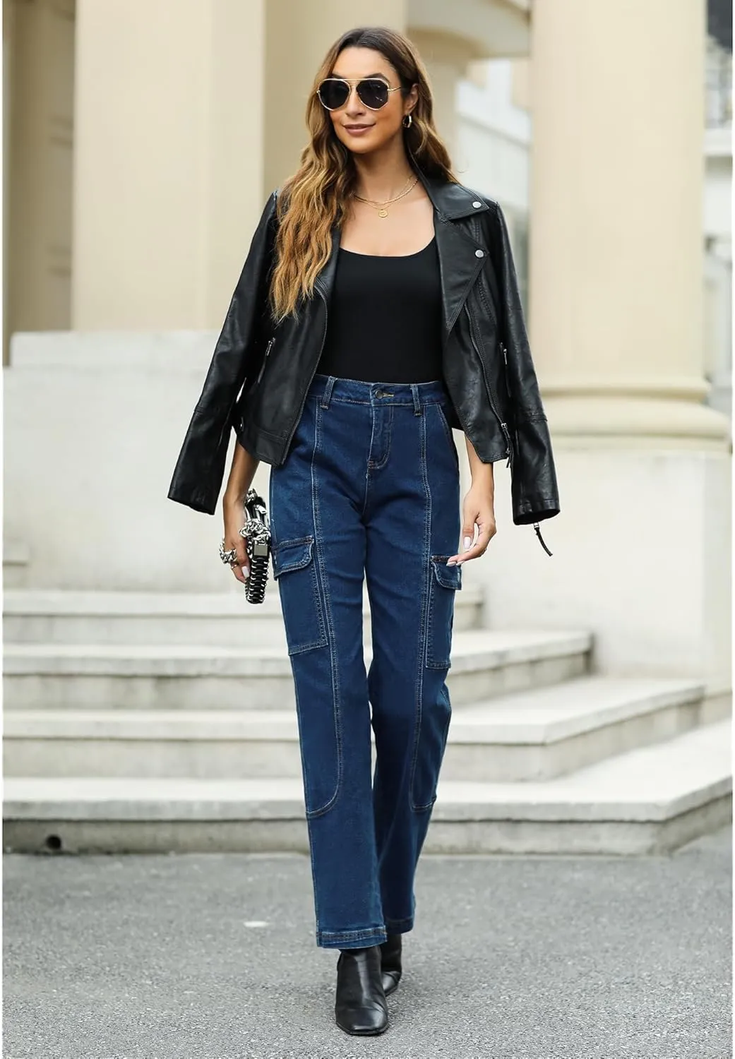 GRAPENT Womens Cargo Pants Casual High Waisted Baggy Stretch Straight Leg Trousers Western Outfit Y2K Pants with Pockets