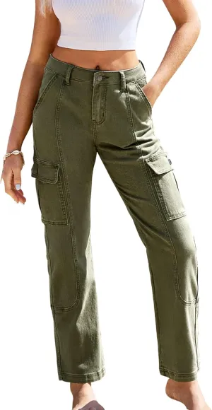 GRAPENT Womens Cargo Pants Casual High Waisted Baggy Stretch Straight Leg Trousers Western Outfit Y2K Pants with Pockets