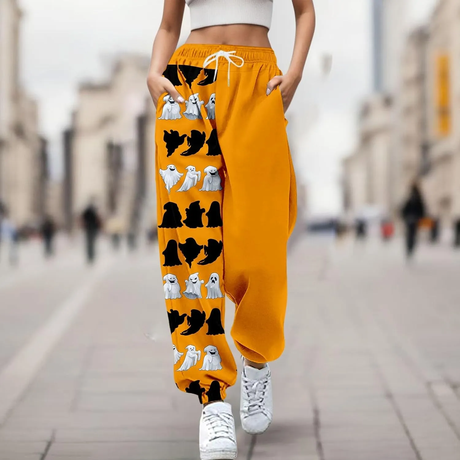 Halloween Cartoon Sweatpants Women Funny Ghostface Cinch Bottoms High Waist Workout Active Jogger Pants with Pockets