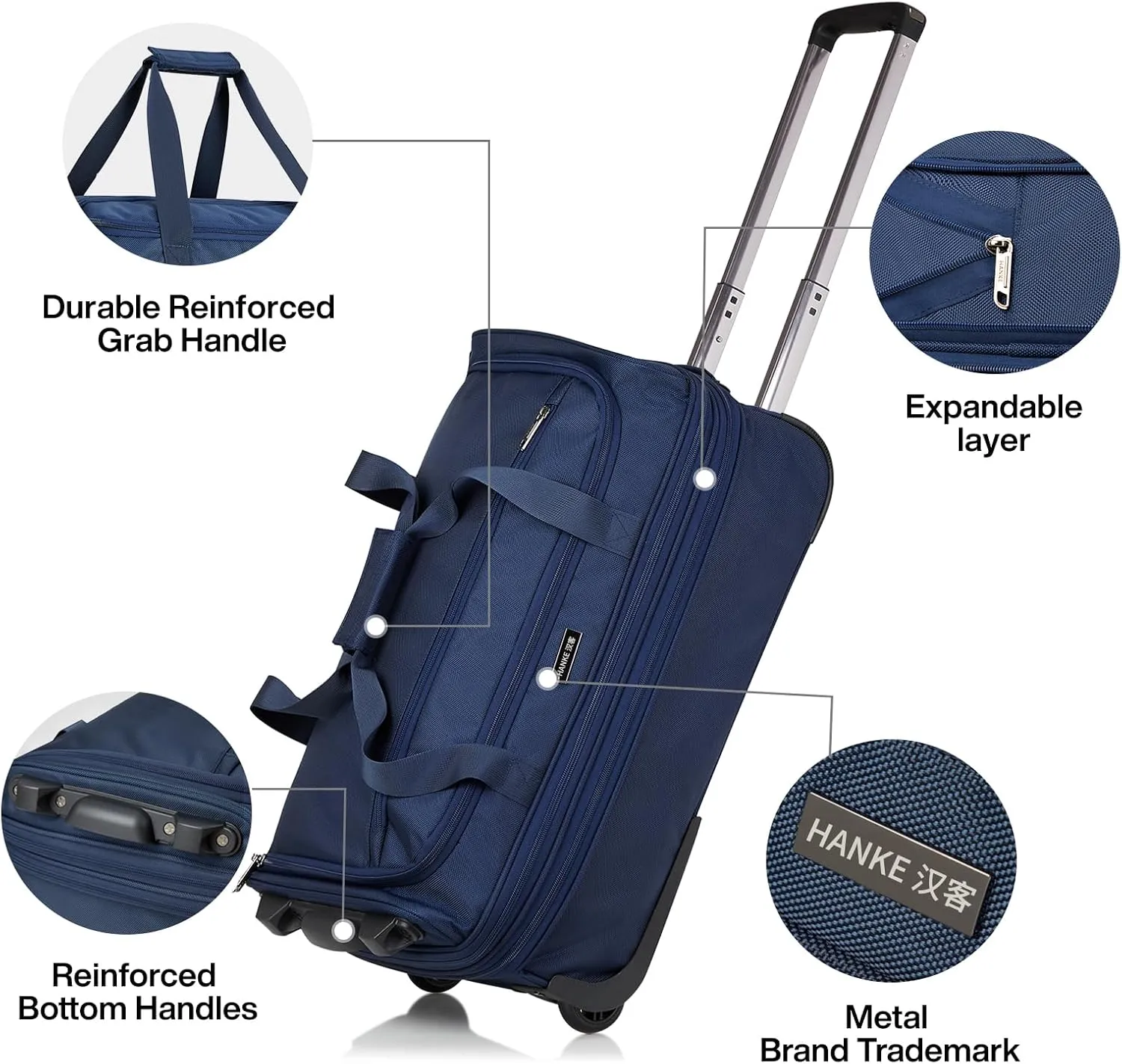 Hanke 20 Inch Expandable Carry On Luggage Suitcases with Wheels Foldable Duffle Bag for Travel Carry On suitcase Weekend Bag for Women Men（Blue）