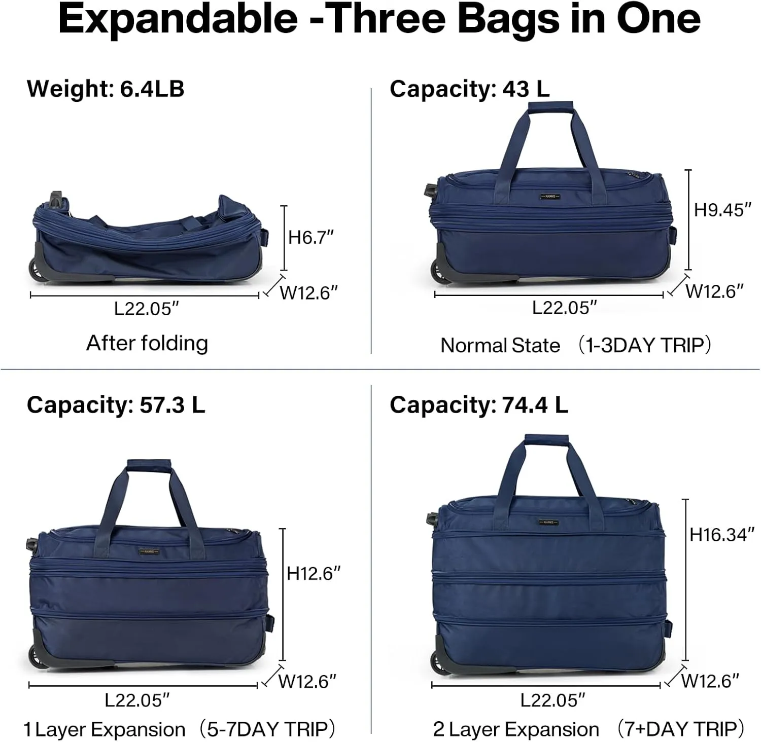 Hanke 20 Inch Expandable Carry On Luggage Suitcases with Wheels Foldable Duffle Bag for Travel Carry On suitcase Weekend Bag for Women Men（Blue）