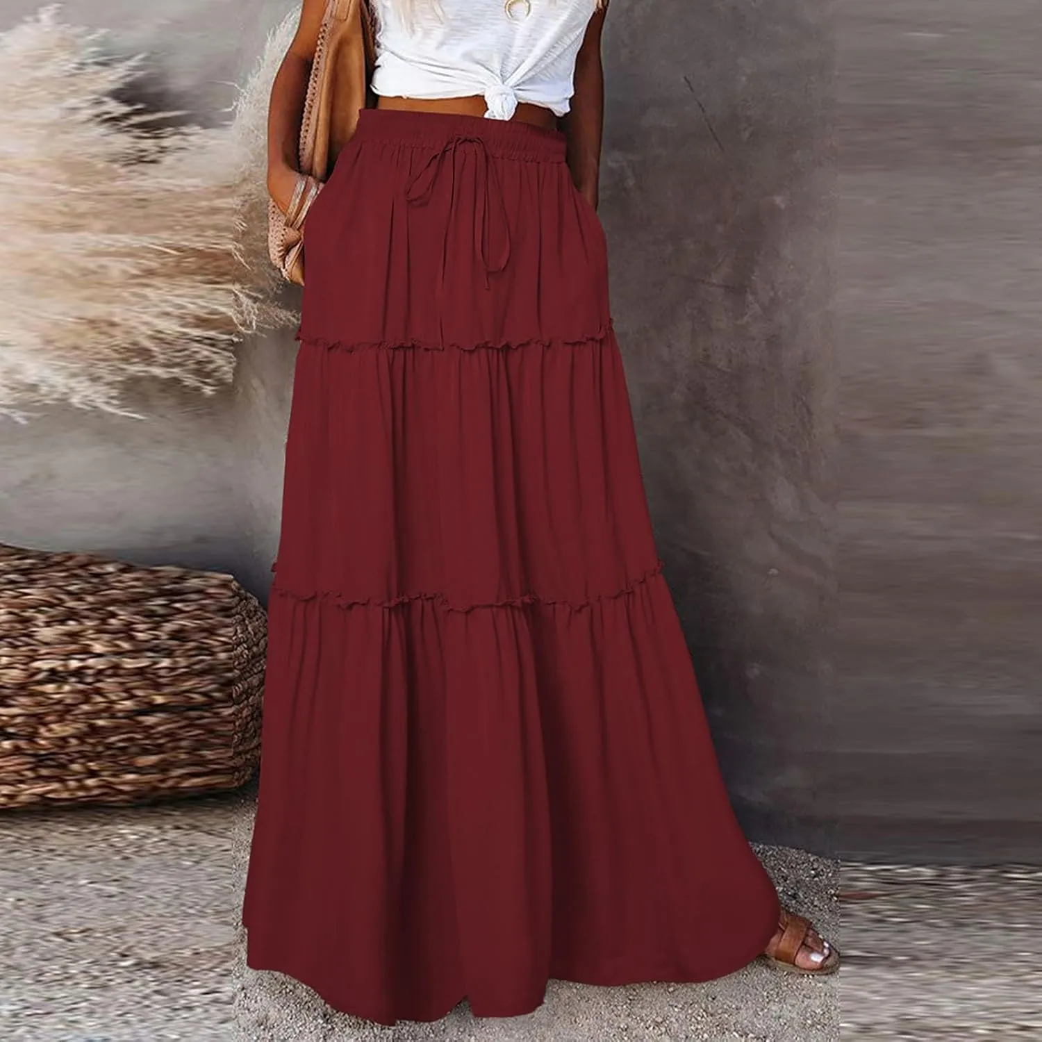 High Waisted Trendy Maxi Skirt, Elegantes Boho Flowy Vacation 2025 Long Skirt