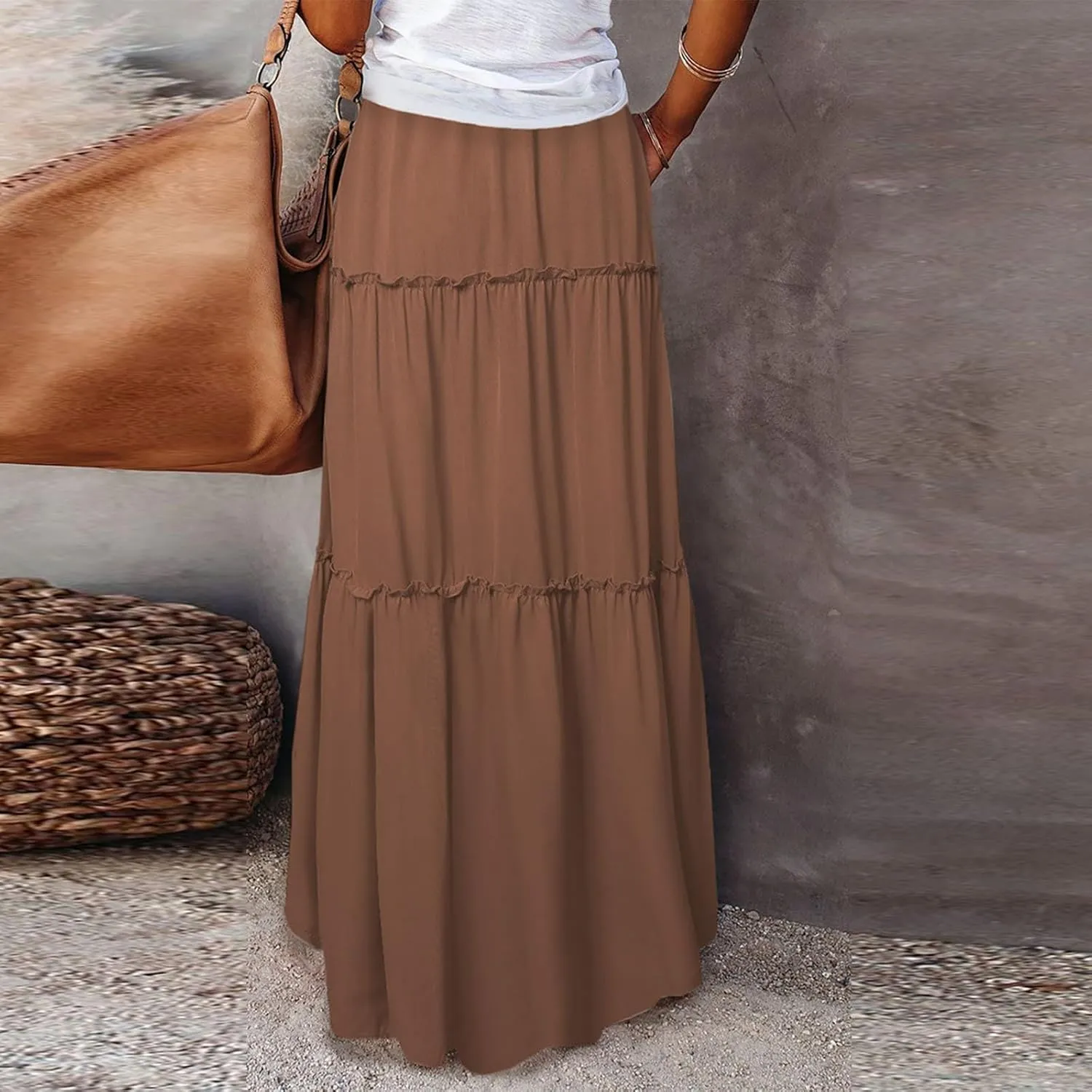 High Waisted Trendy Maxi Skirt, Elegantes Boho Flowy Vacation 2025 Long Skirt