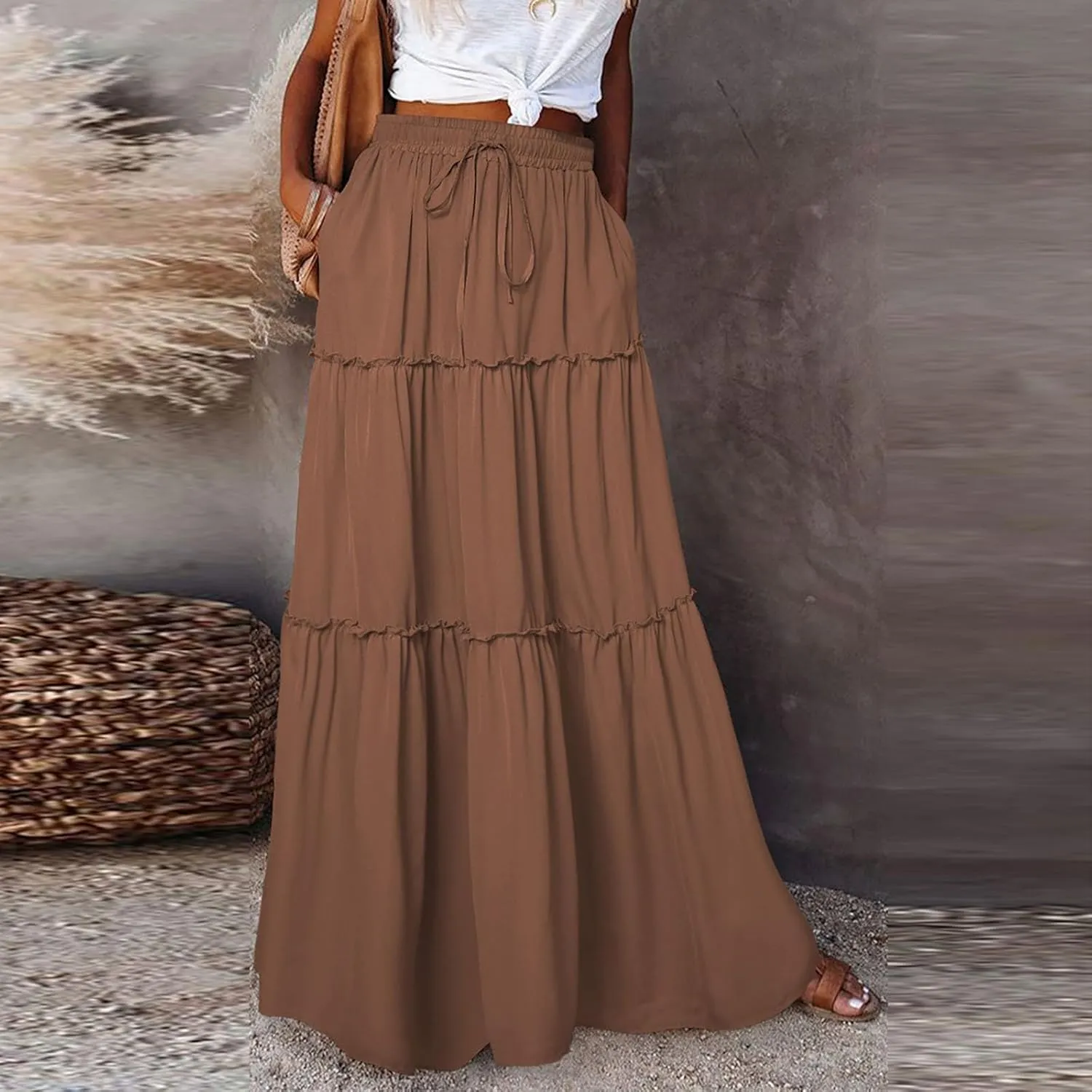 High Waisted Trendy Maxi Skirt, Elegantes Boho Flowy Vacation 2025 Long Skirt