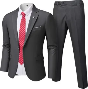 Hihawk 2 Piece Men's Slim Fit Suit, One Button Jacket and Pants with Tie, Blazer Trousers Set for Weddings Proms