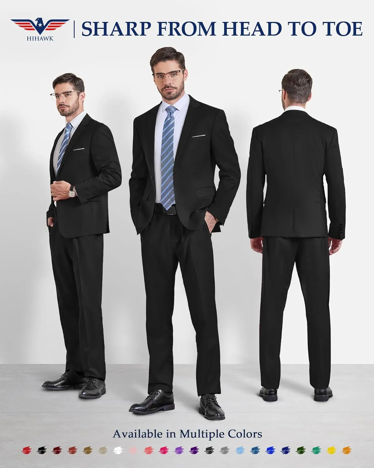 Hihawk Men's 2 Piece Slim Fit Suit with Stretch Fabric, Solid One Button Blazer Jacket Vest Pants Set with Tie.