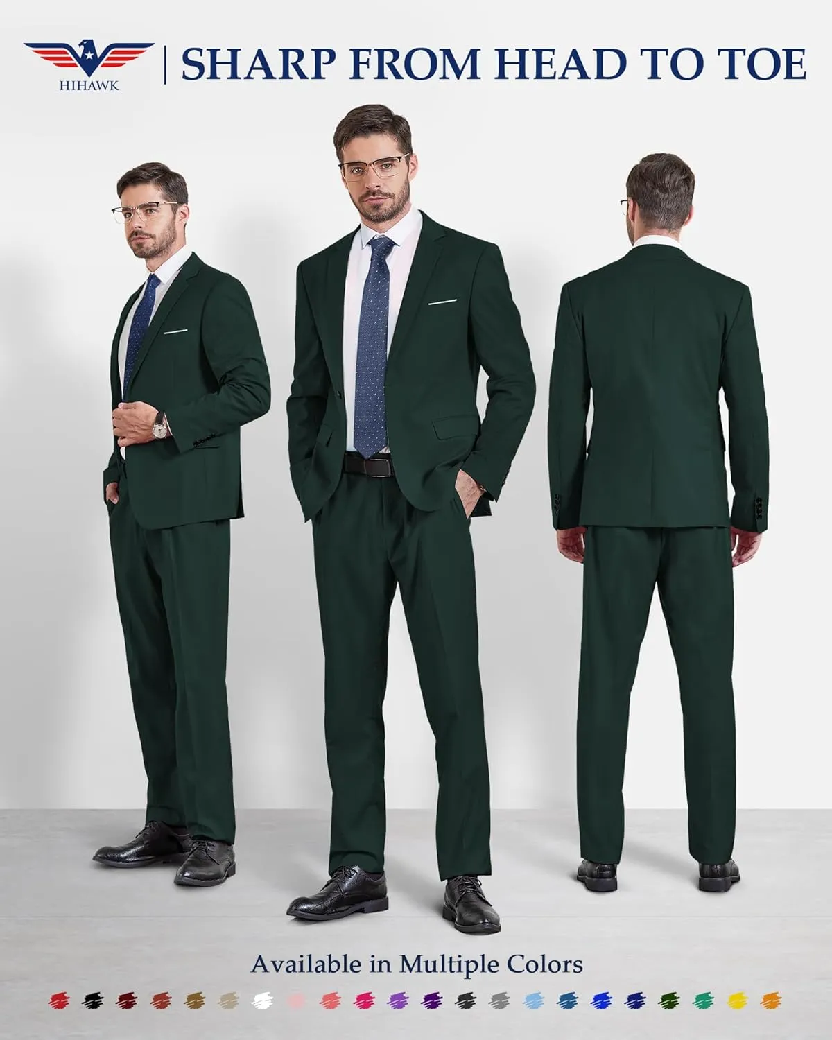 Hihawk Men's 2 Piece Slim Fit Suit with Stretch Fabric, Solid One Button Blazer Jacket Vest Pants Set with Tie.
