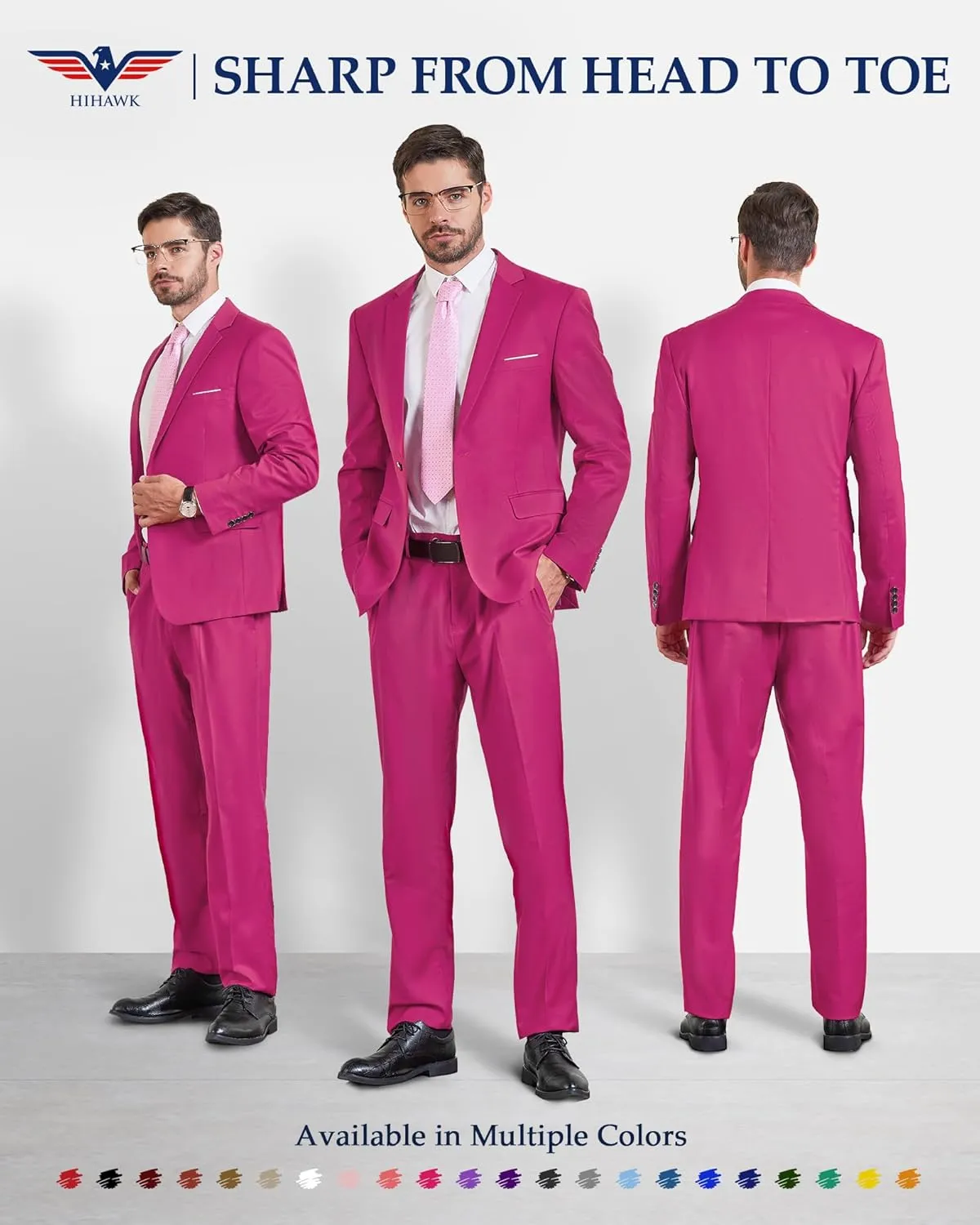 Hihawk Men's 2 Piece Slim Fit Suit with Stretch Fabric, Solid One Button Blazer Jacket Vest Pants Set with Tie.