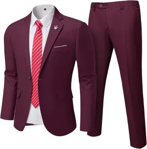 Hihawk Men's 2 Piece Slim Fit Suit with Stretch Fabric, Solid One Button Blazer Jacket Vest Pants Set with Tie.