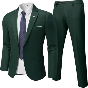 Hihawk Men's 2 Piece Slim Fit Suit with Stretch Fabric, Solid One Button Blazer Jacket Vest Pants Set with Tie.