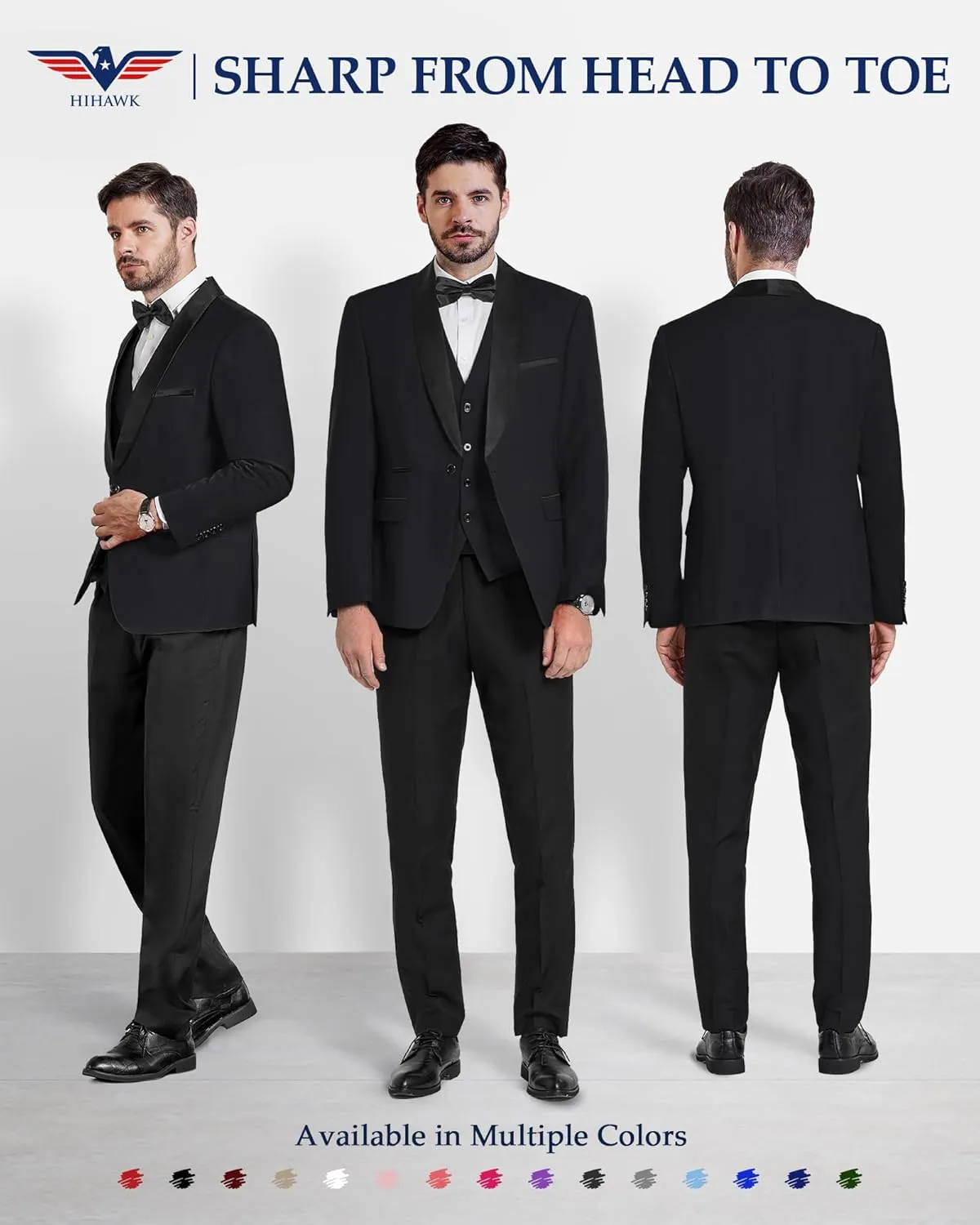Hihawk Men's 3 Piece Slim Fit Solid Tuxedo with Stretch Fabric, One Button Shawl Collar Jacket Vest Pants with Bow Tie