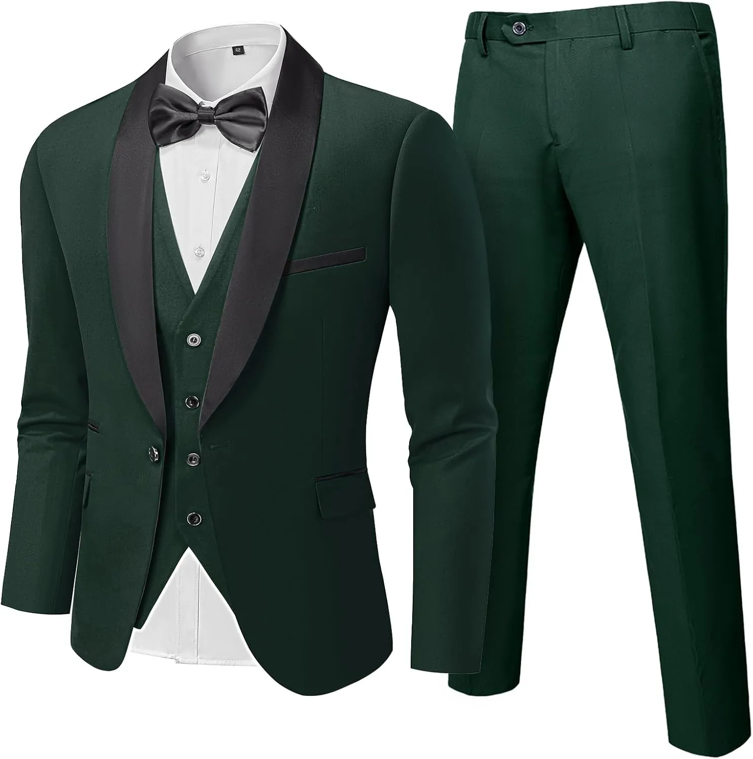 Hihawk Men's 3 Piece Slim Fit Solid Tuxedo with Stretch Fabric, One Button Shawl Collar Jacket Vest Pants with Bow Tie