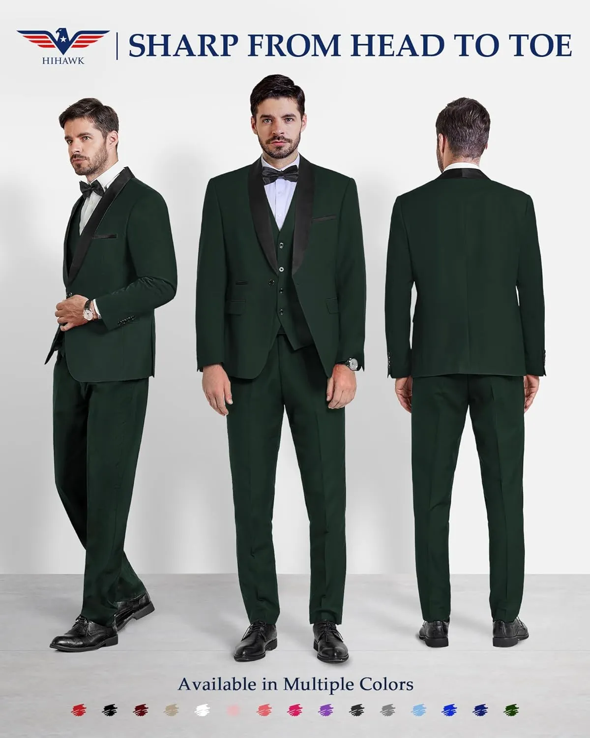 Hihawk Men's 3 Piece Slim Fit Solid Tuxedo with Stretch Fabric, One Button Shawl Collar Jacket Vest Pants with Bow Tie