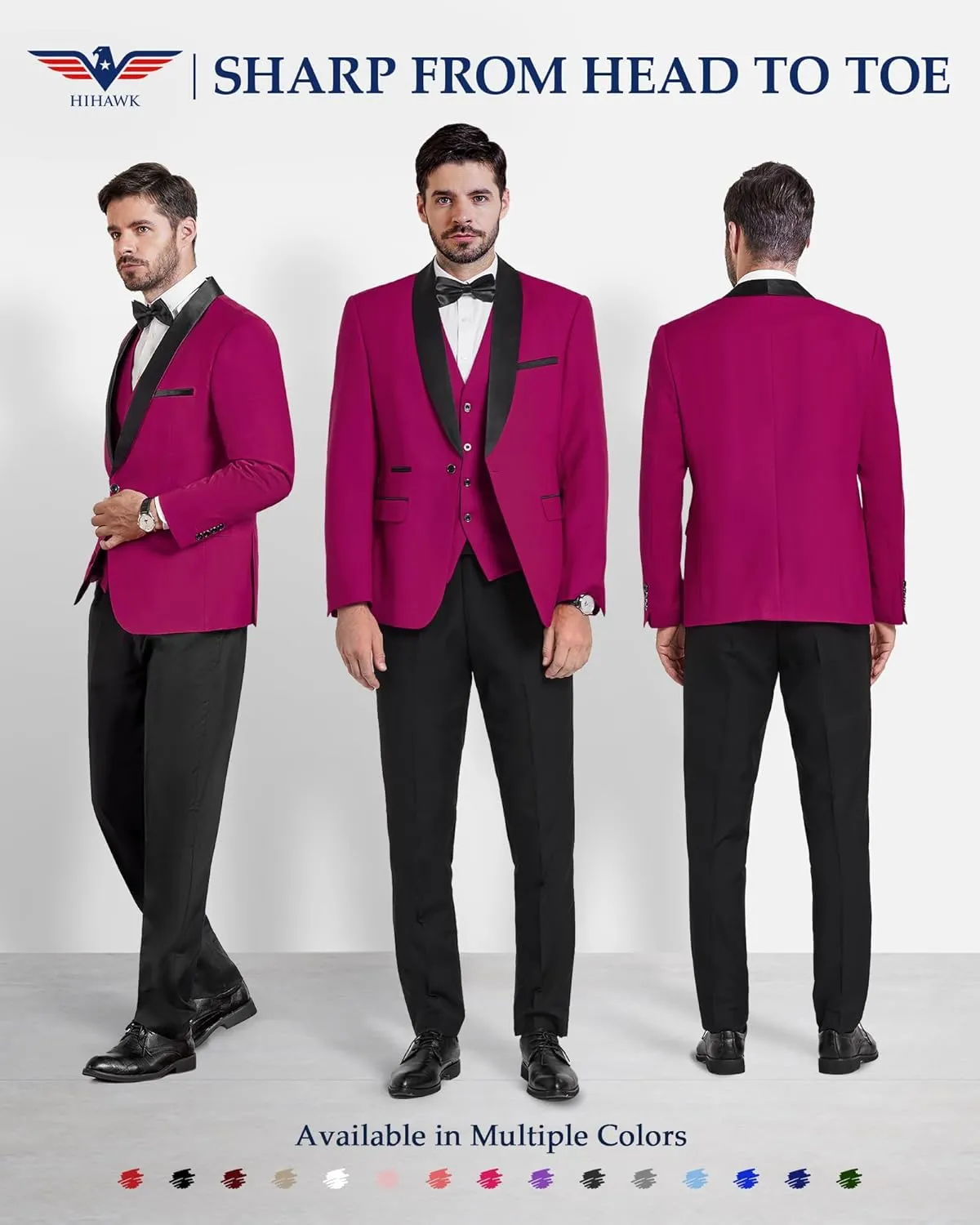 Hihawk Men's 3 Piece Slim Fit Solid Tuxedo with Stretch Fabric, One Button Shawl Collar Jacket Vest Pants with Bow Tie