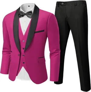 Hihawk Men's 3 Piece Slim Fit Solid Tuxedo with Stretch Fabric, One Button Shawl Collar Jacket Vest Pants with Bow Tie