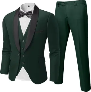 Hihawk Men's 3 Piece Slim Fit Solid Tuxedo with Stretch Fabric, One Button Shawl Collar Jacket Vest Pants with Bow Tie