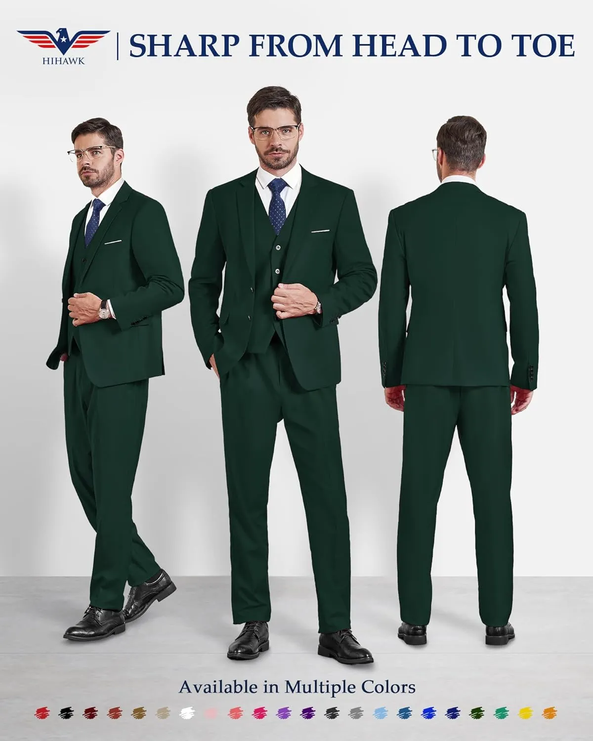 Hihawk Men's 3 Piece Suit with Stretch Fabric, Solid Slim Fit Two Button Suit Blazer Set, Jacket Vest Pants with Tie.