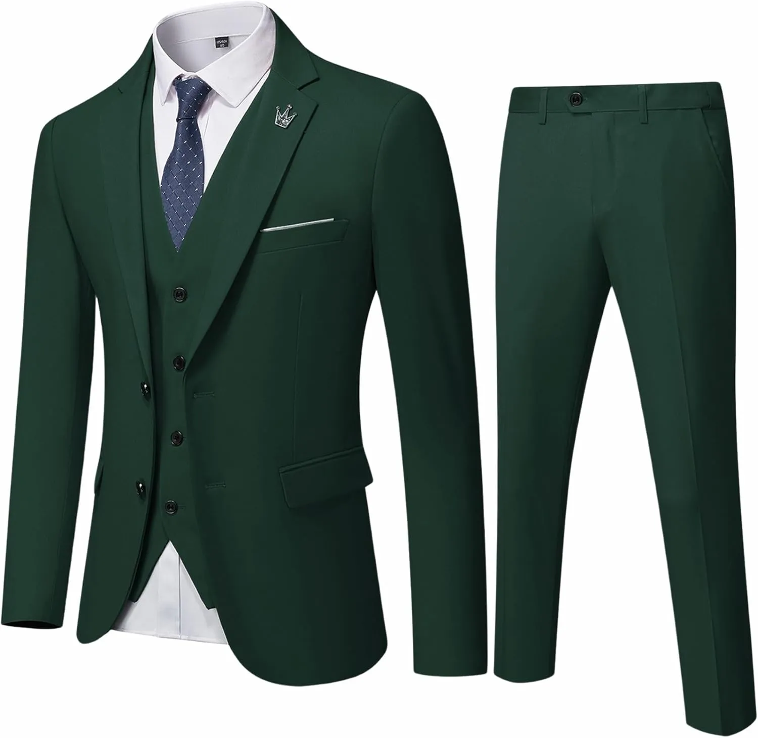 Hihawk Men's 3 Piece Suit with Stretch Fabric, Solid Slim Fit Two Button Suit Blazer Set, Jacket Vest Pants with Tie.