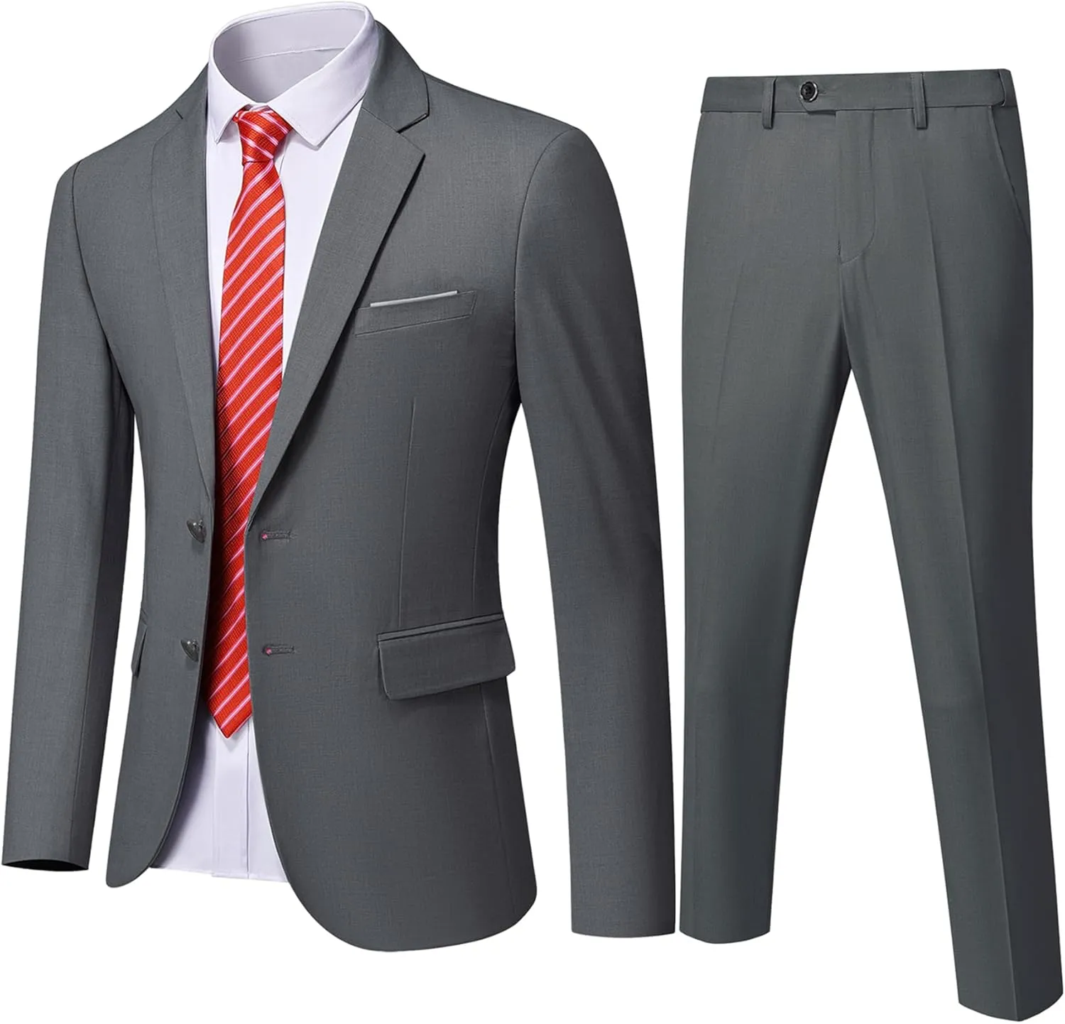 Hihawk Men's Slim Fit 2 Piece Suit, 2 Button Solid Jacket Pants Set