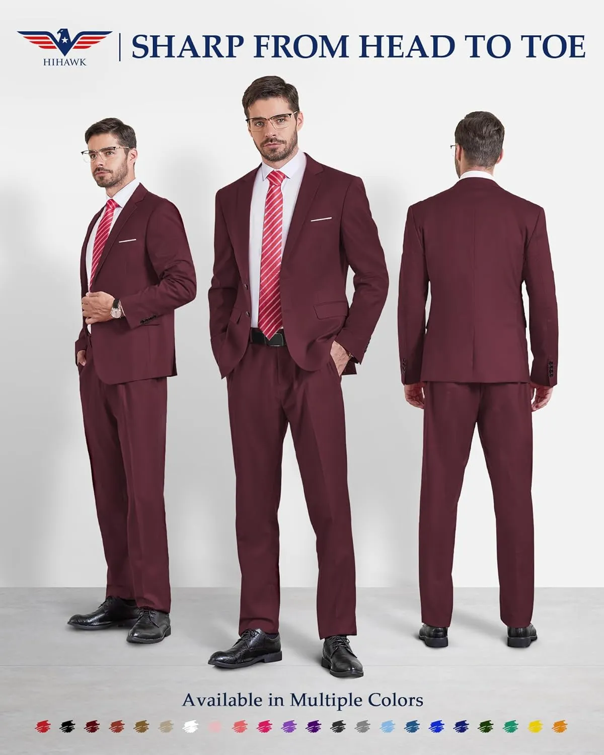 Hihawk Men's Slim Fit 2 Piece Suit, 2 Button Solid Jacket Pants Set