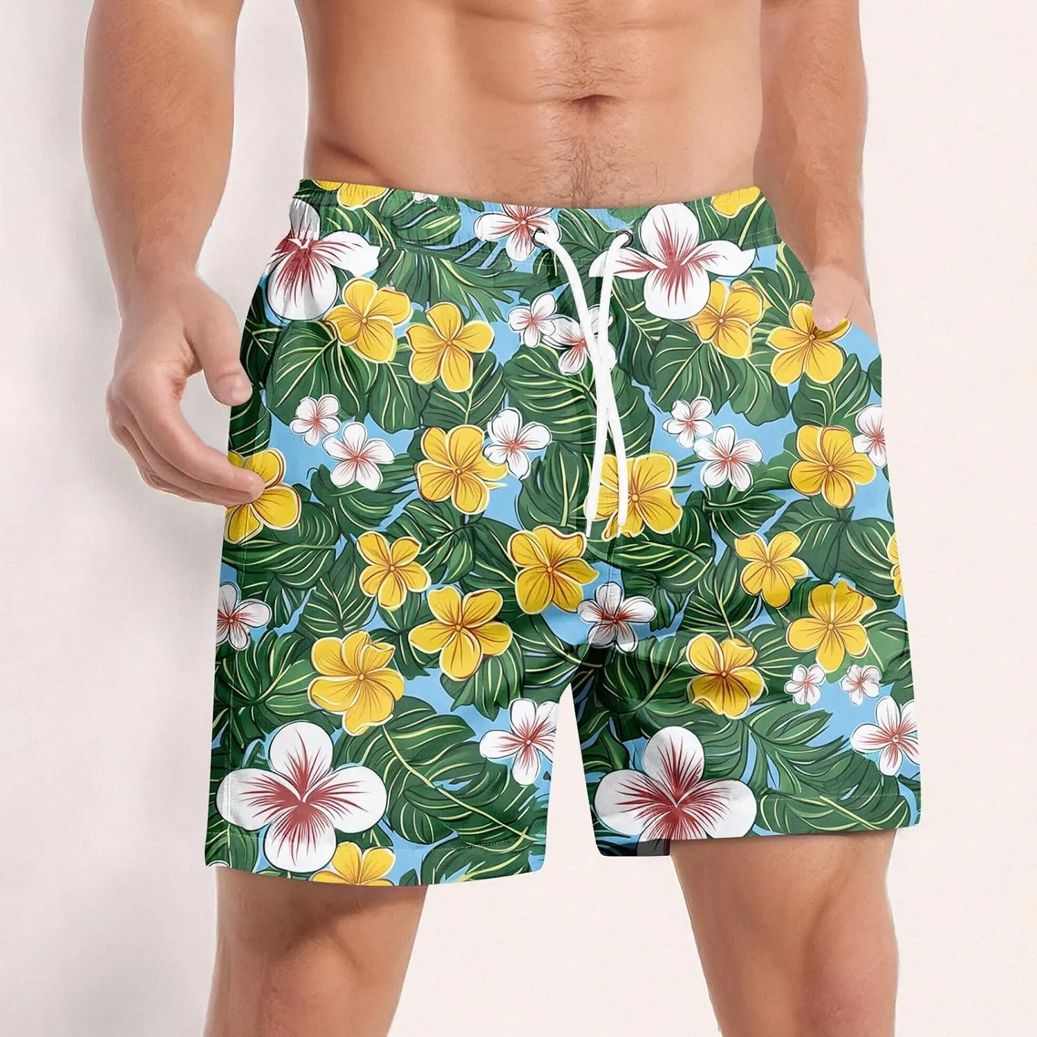 Holiday Shorts for Men, Floral Tropical Hawaiian Beach Shorts Elastic Waist Drawstring Casual Printed Trunks