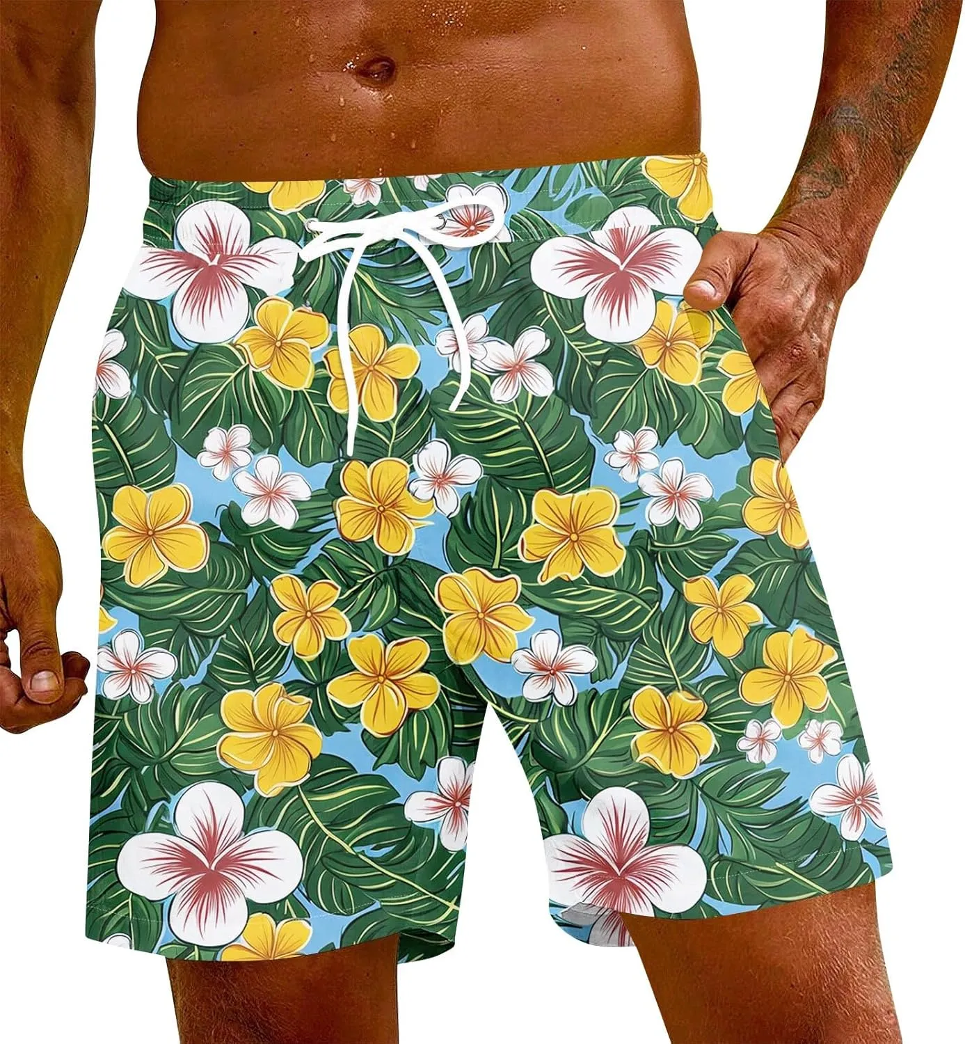 Holiday Shorts for Men, Floral Tropical Hawaiian Beach Shorts Elastic Waist Drawstring Casual Printed Trunks