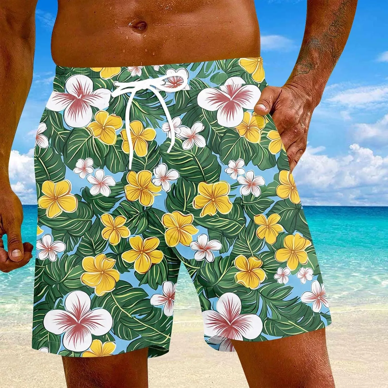 Holiday Shorts for Men, Floral Tropical Hawaiian Beach Shorts Elastic Waist Drawstring Casual Printed Trunks