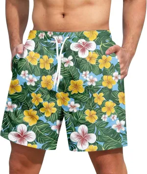 Holiday Shorts for Men, Floral Tropical Hawaiian Beach Shorts Elastic Waist Drawstring Casual Printed Trunks