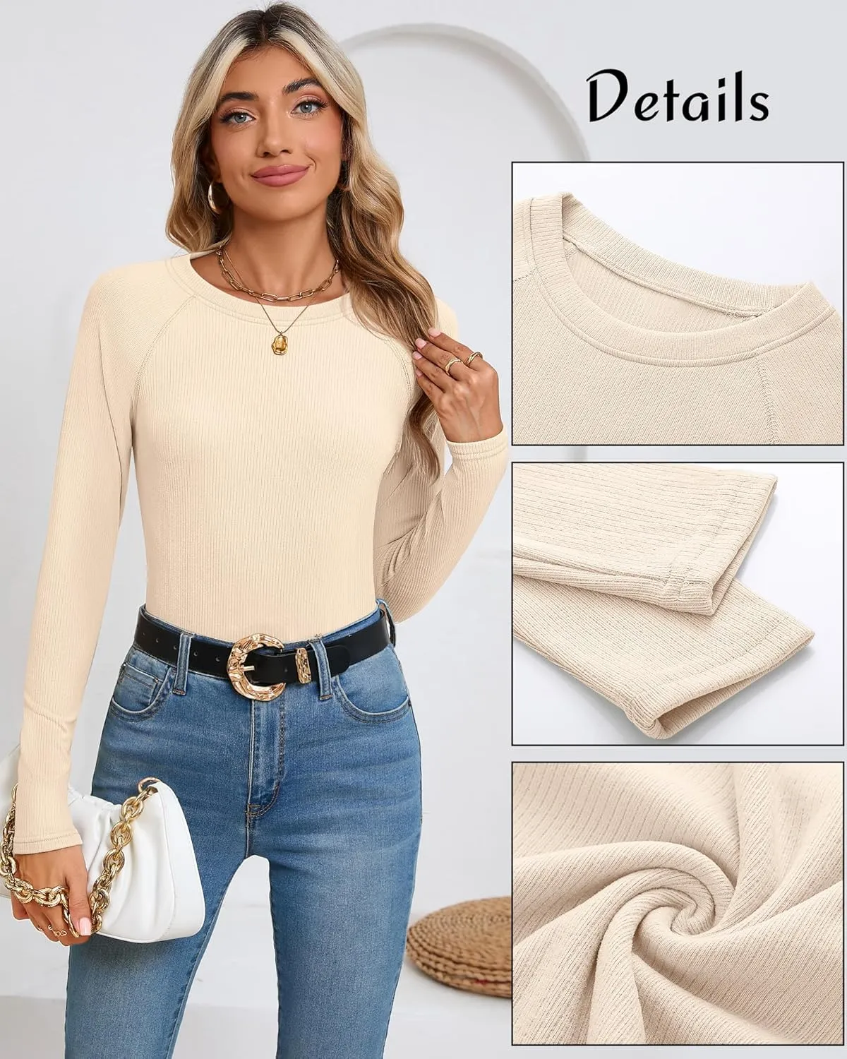 Huukeay 3 Pack Women's Ribbed Thermal Tops, Scoop Neck Raglan Sleeve Shirts Slim Fit Knit Underwear Warm Base Layer Tops