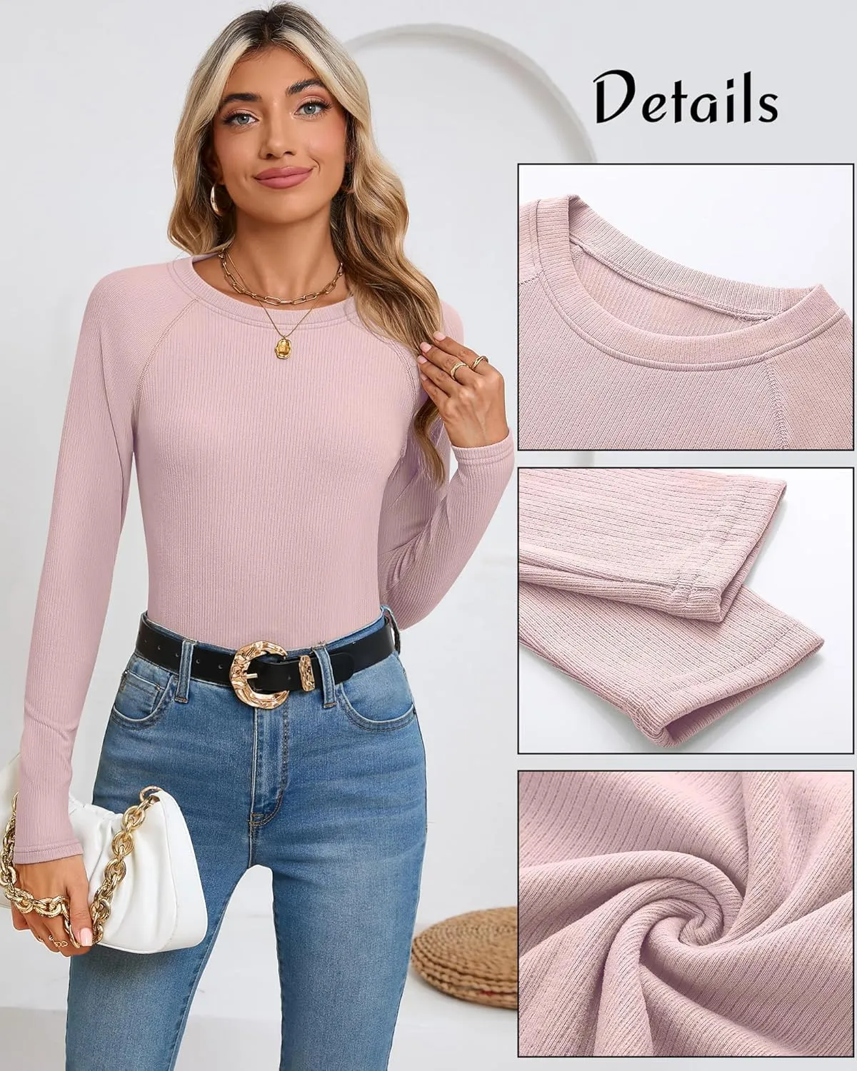 Huukeay 3 Pack Women's Ribbed Thermal Tops, Scoop Neck Raglan Sleeve Shirts Slim Fit Knit Underwear Warm Base Layer Tops