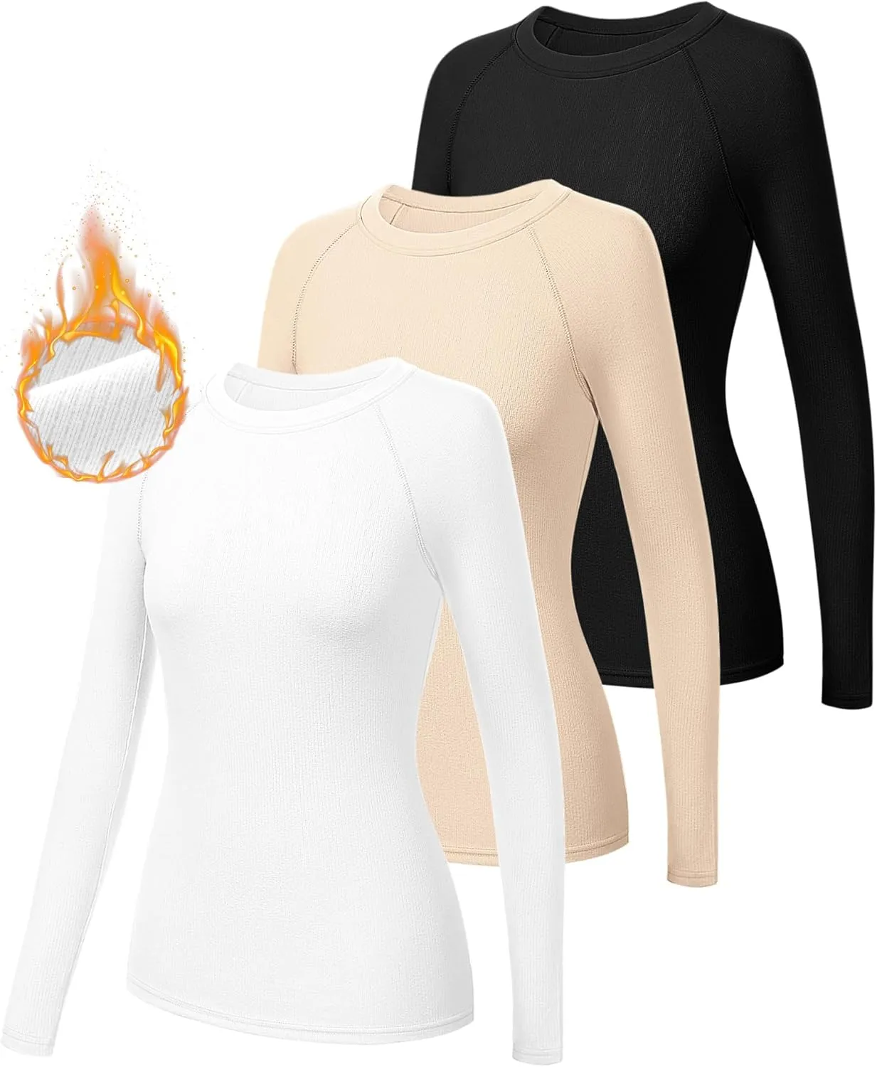 Huukeay 3 Pack Women's Ribbed Thermal Tops, Scoop Neck Raglan Sleeve Shirts Slim Fit Knit Underwear Warm Base Layer Tops