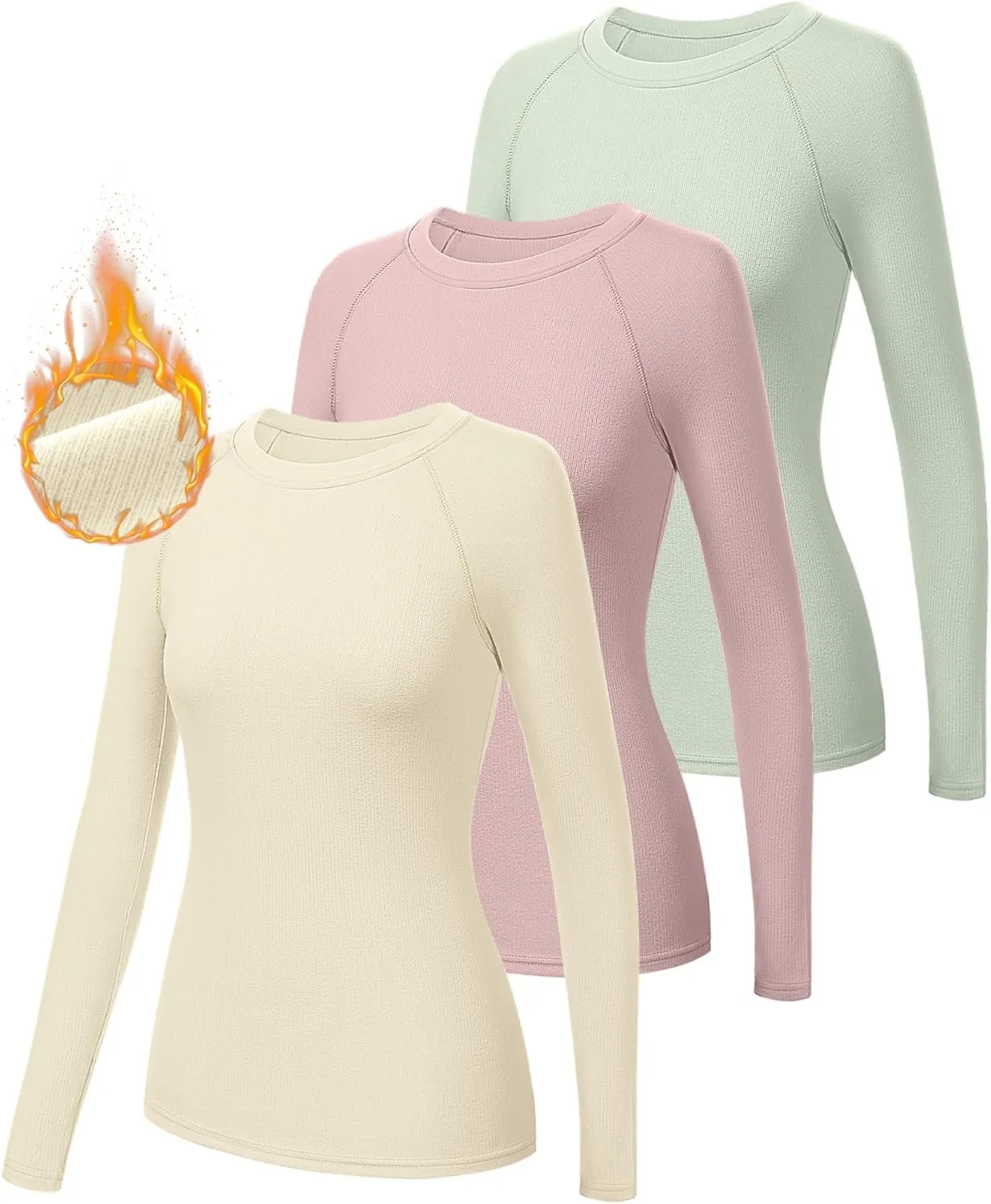 Huukeay 3 Pack Women's Ribbed Thermal Tops, Scoop Neck Raglan Sleeve Shirts Slim Fit Knit Underwear Warm Base Layer Tops