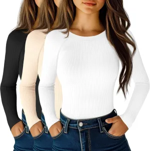 Huukeay 3 Pack Women's Ribbed Thermal Tops, Scoop Neck Raglan Sleeve Shirts Slim Fit Knit Underwear Warm Base Layer Tops