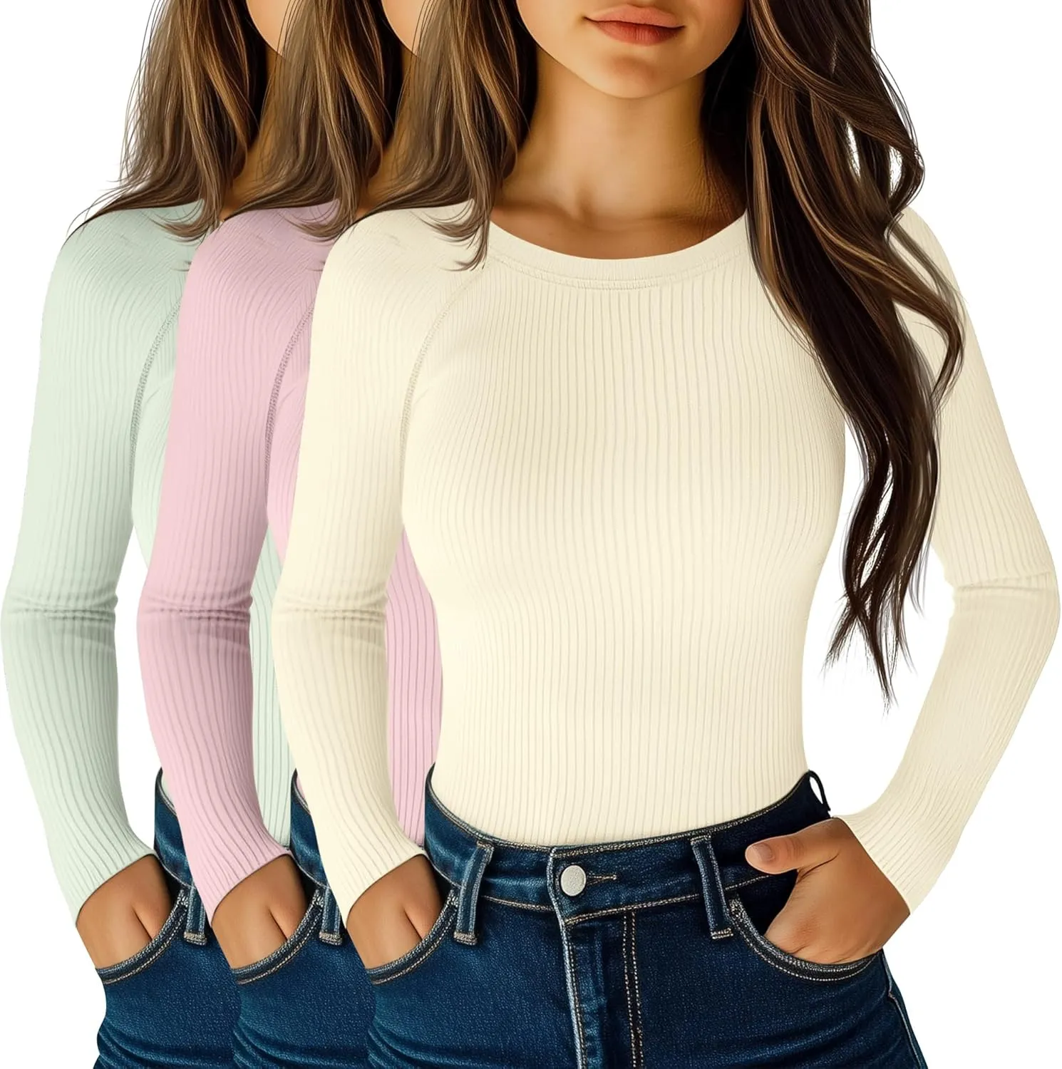 Huukeay 3 Pack Women's Ribbed Thermal Tops, Scoop Neck Raglan Sleeve Shirts Slim Fit Knit Underwear Warm Base Layer Tops