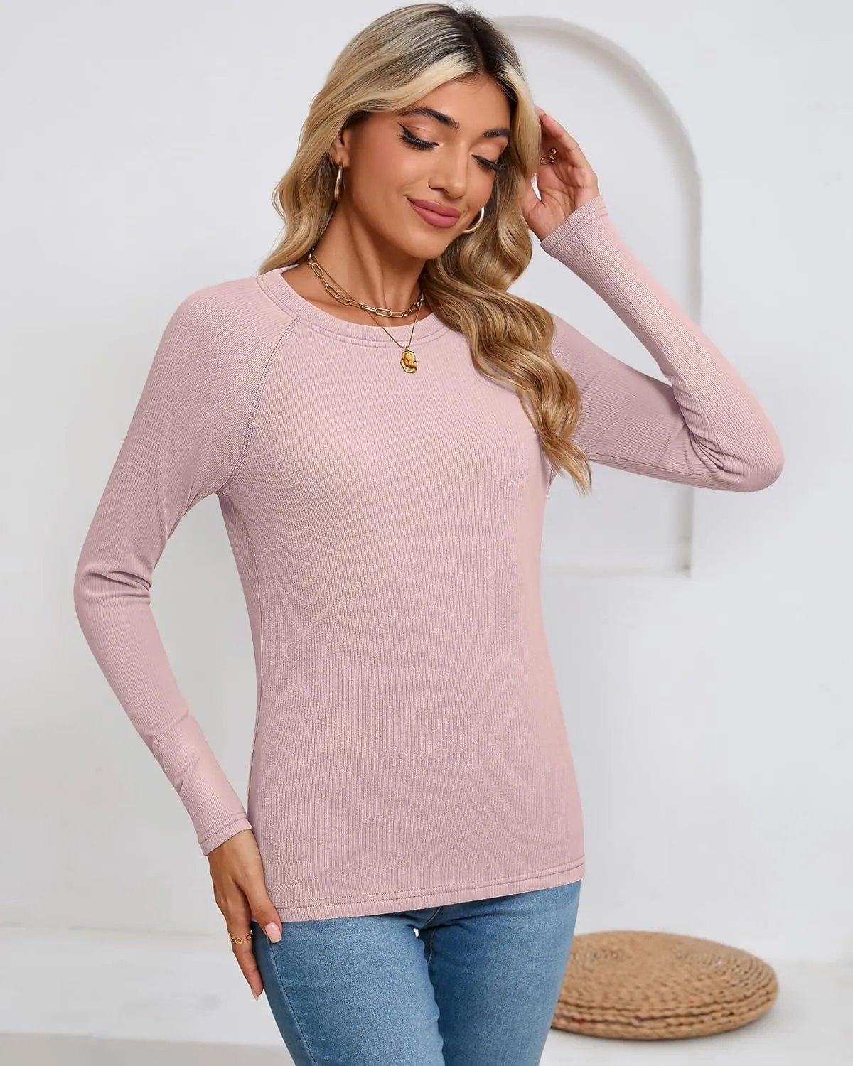 Huukeay 3 Pack Women's Ribbed Thermal Tops, Scoop Neck Raglan Sleeve Shirts Slim Fit Knit Underwear Warm Base Layer Tops