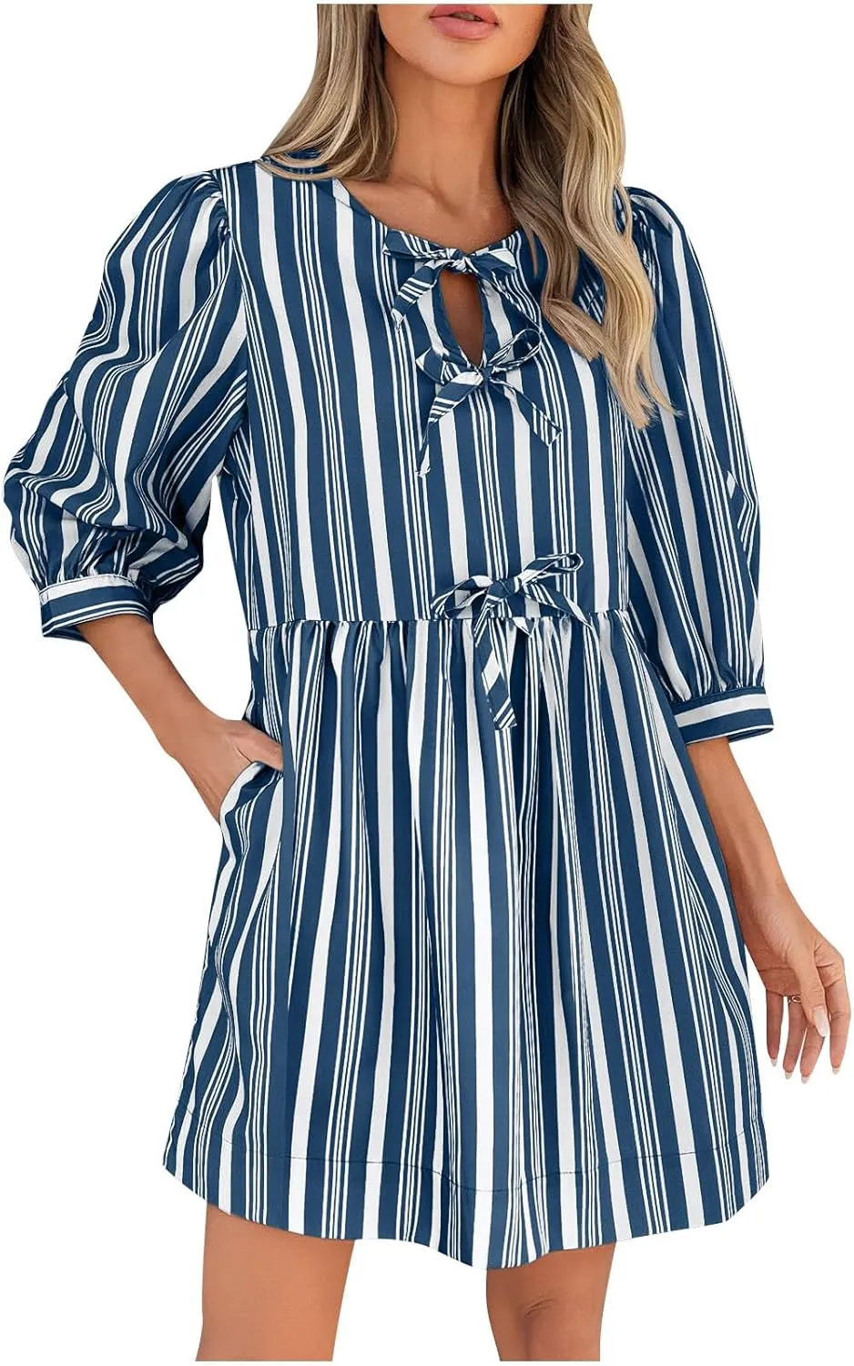 JOAU Babydoll Dresses for Women 2025 Summer Casual Bow Tie Striped Dress 3/4 Sleeve Loose Flowy Mini Dresses with Pockets