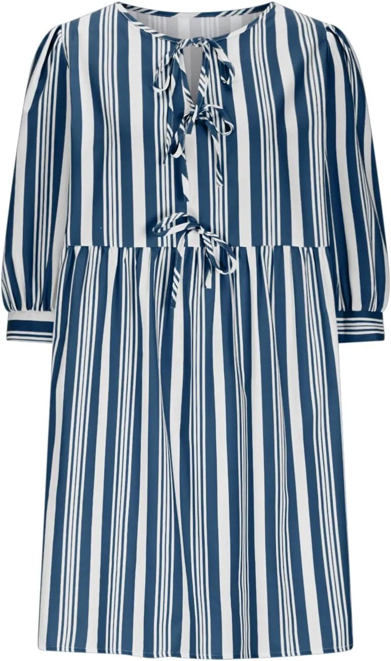 JOAU Babydoll Dresses for Women 2025 Summer Casual Bow Tie Striped Dress 3/4 Sleeve Loose Flowy Mini Dresses with Pockets