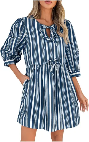 JOAU Babydoll Dresses for Women 2025 Summer Casual Bow Tie Striped Dress 3/4 Sleeve Loose Flowy Mini Dresses with Pockets