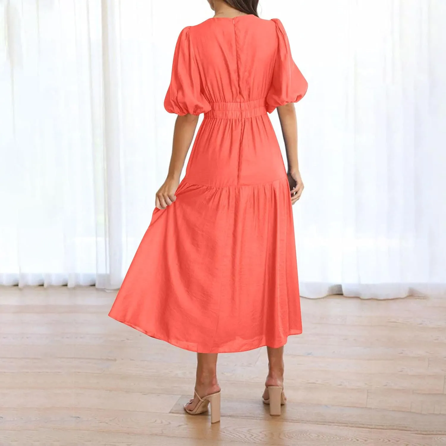 JOAU Women Summer Deep V Neck Maxi Dresses Casual Cute Puff Short Sleeve Flowy Ruffle Tiered A-line Boho Beach Vacation Dress